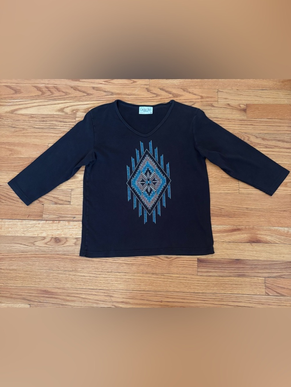 Vtg Y2K Cactus Bay Black Embroidered Aztec Geometric Knit 3/4 Sleeve Blouse M